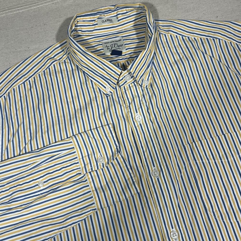 J Crew Secret Wash Shirting Mens Large Classic Striped Shirt Blue Yellow Stretch